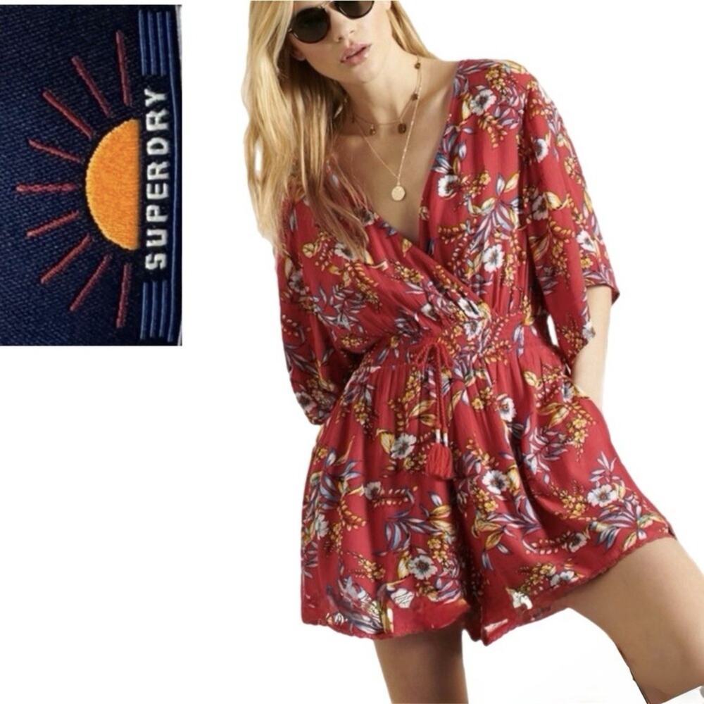 Superdry Red Floral Beach Playsuit Size 4 | Summer Vacation Resort Outfit